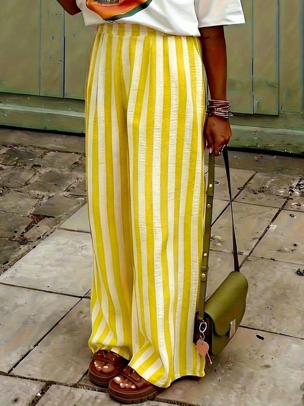 Yellow Casual Women's Striped Woven Wide Leg Beach Pants